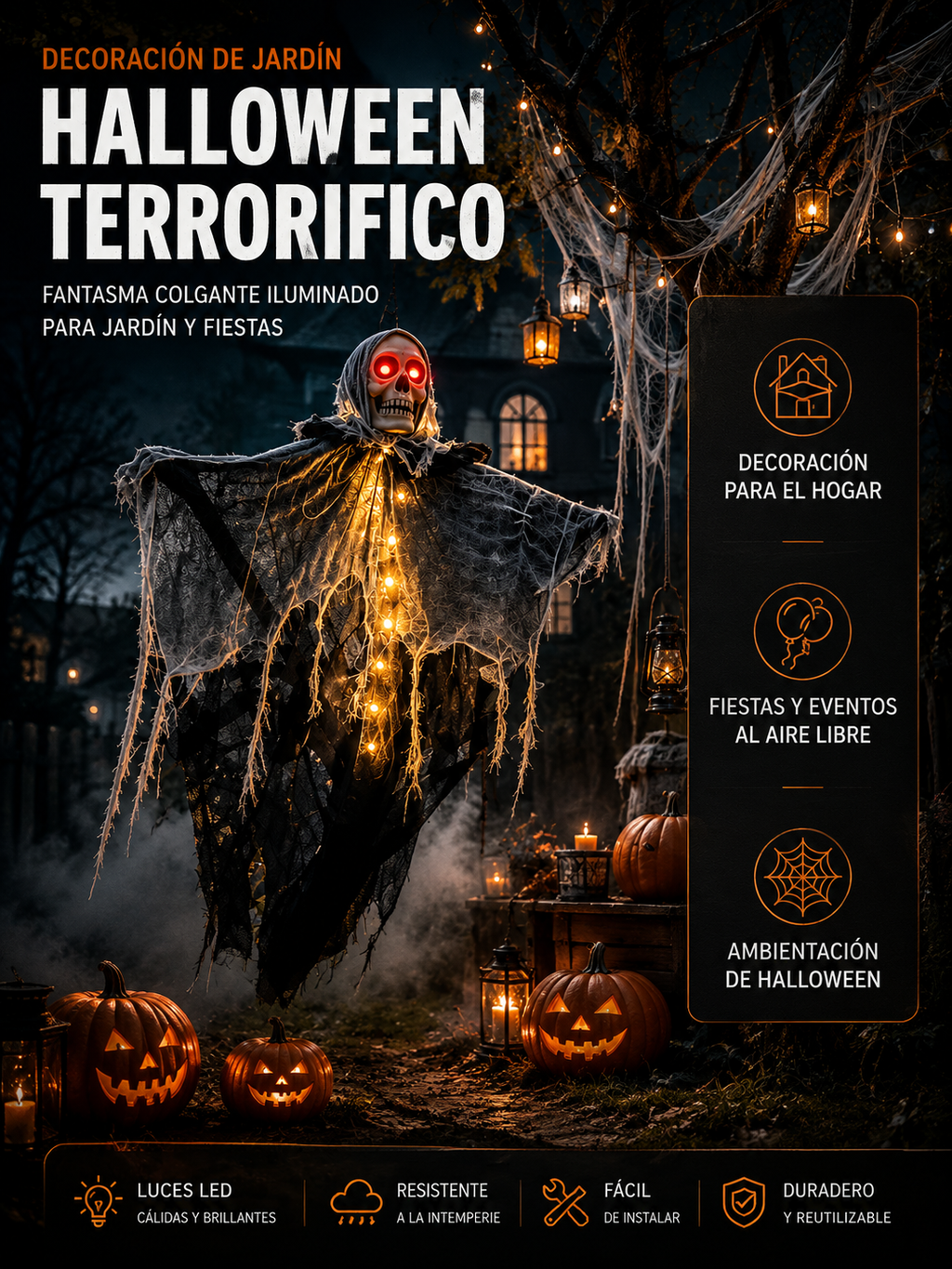 Fantasma Esqueleto Colgante Luminoso 💀 – Decoración de Halloween para Casa, Jardín y Fiestas