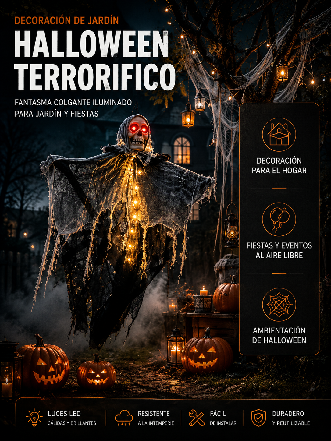 Fantasma Esqueleto Colgante Luminoso 💀 – Decoración de Halloween para Casa, Jardín y Fiestas