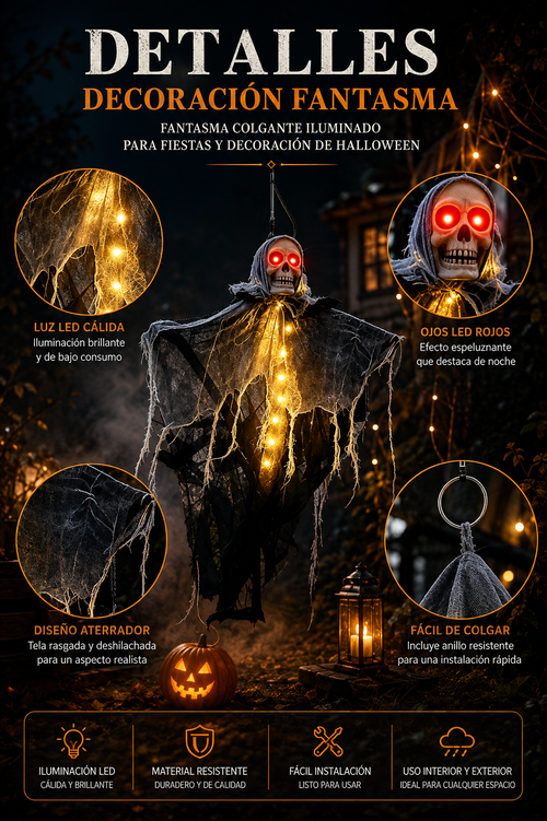 Fantasma Esqueleto Colgante Luminoso 💀 – Decoración de Halloween para Casa, Jardín y Fiestas