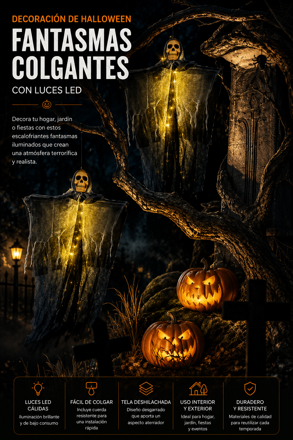 Fantasma Esqueleto Colgante Luminoso 💀 – Decoración de Halloween para Casa, Jardín y Fiestas