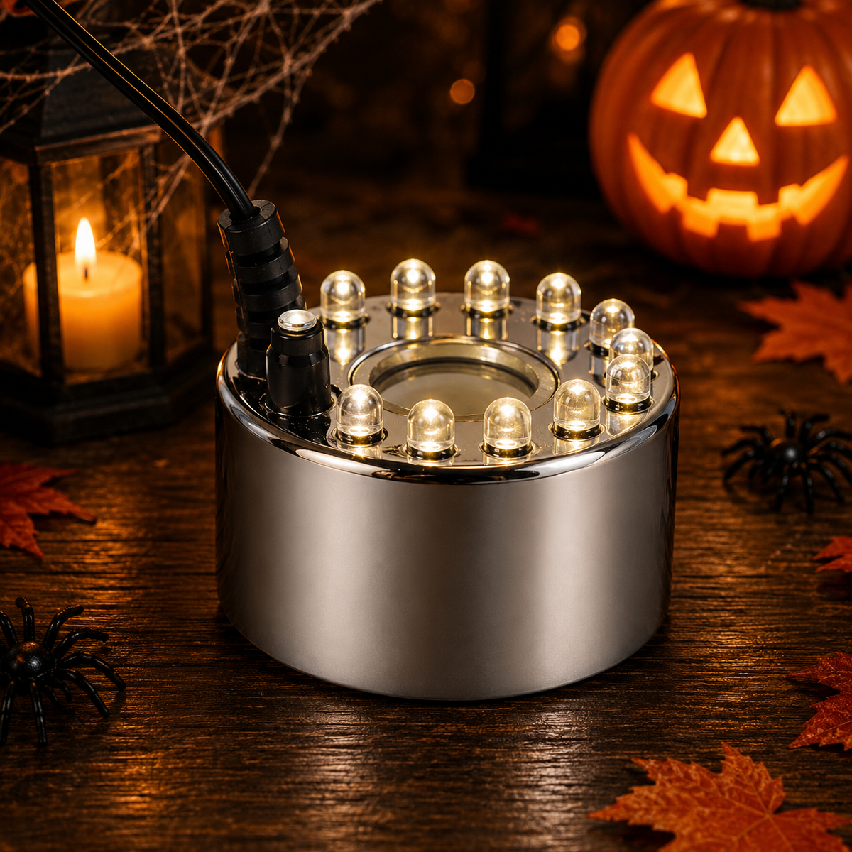 Máquina de Niebla LED para Halloween – Fuente de Niebla con 12 Luces de Colores para Fiestas y Decoración